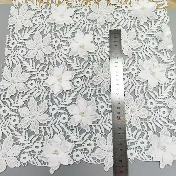 3d Floral Lace Guipure Fabric Pearls Water Soluable Cord Embroidery Guipure Lace Fabric